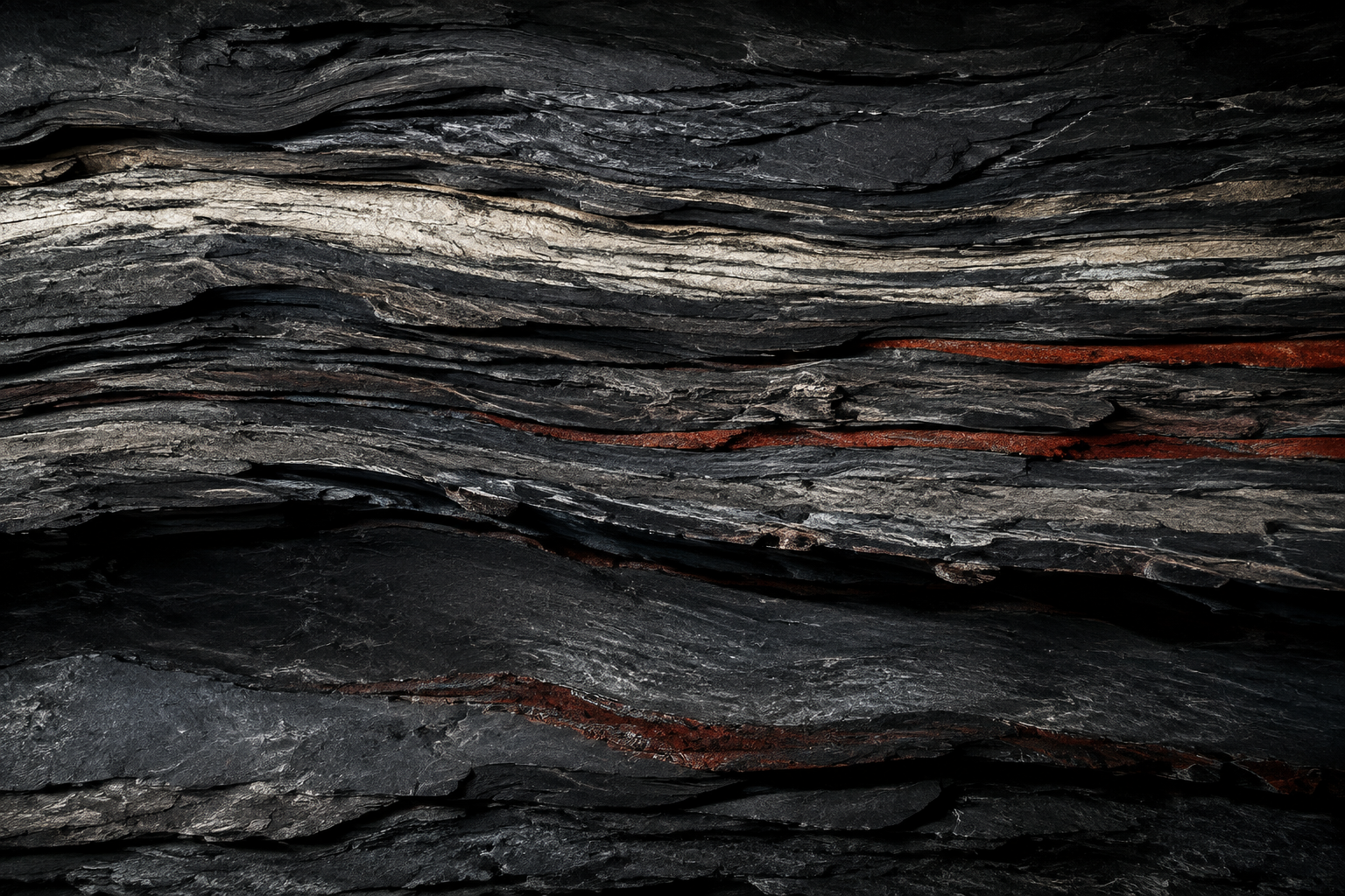 Original abstract geological artwork with dark layers and rust-red seams